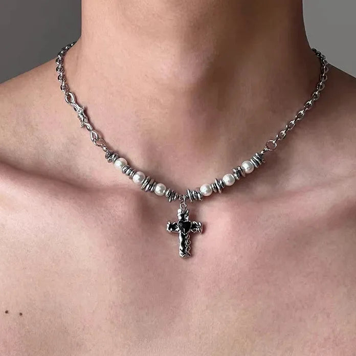 Stainless Steel Black Heart Cross Pendant Necklace Gothic Y2K Punk Choker