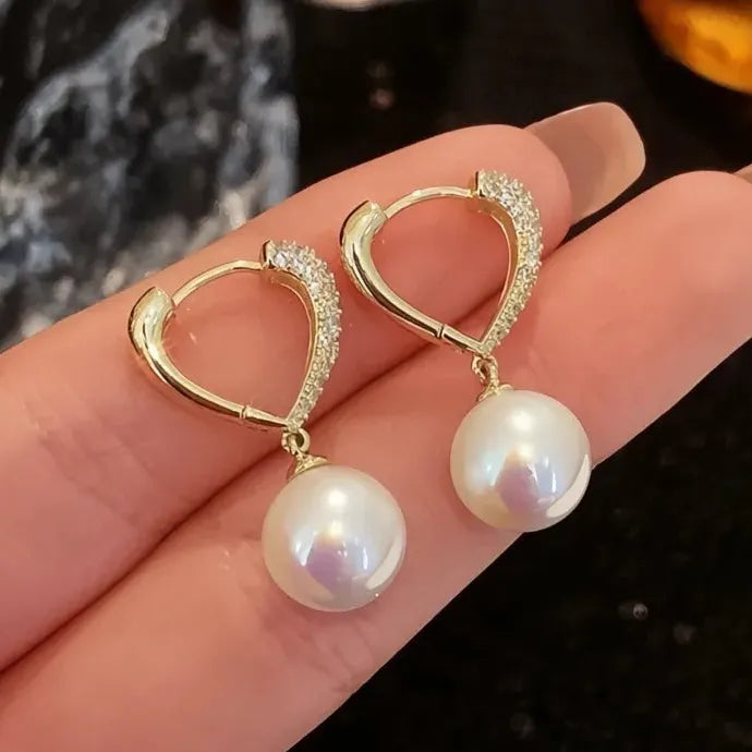 Korean Gold Love Dangle Earrings with Simulated Pearls for Women Copper Alloy