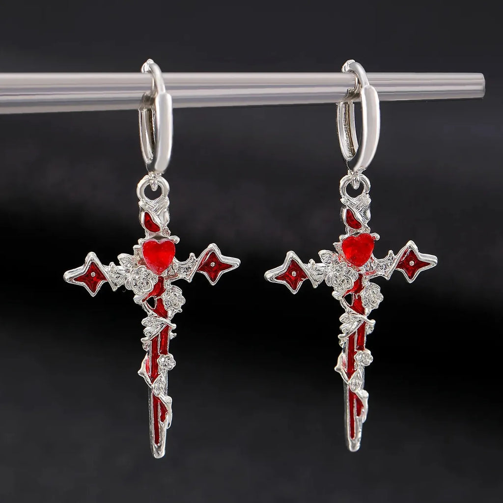 Cross Crystal Hoop Earrings Punk Thorn Rose Dripping Oil Cross Jewelry for Women Men