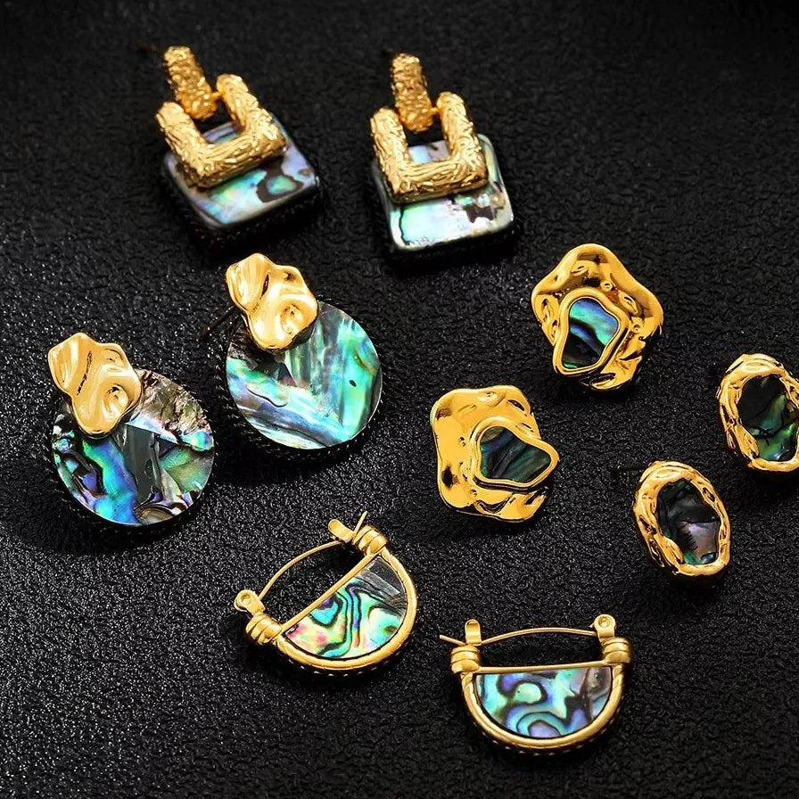 Natural Abalone Shell Pearl Stud Earrings Geometric Huggie Hoops CZ Necklace Choker