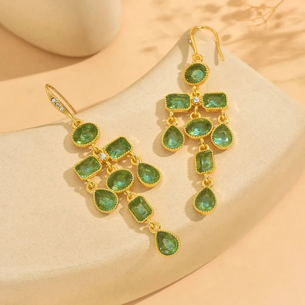 Tassel Long Drop Earrings Green Zircon Pendant Geometric Gold Jewelry Women Zinc Alloy