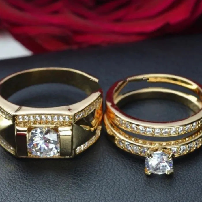 Luxury Gold Color Metal Couple Ring with Imitation Crystal Bridal Engagement Jewelry