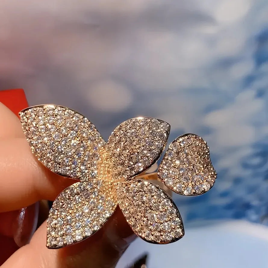 Women’s Flower Shaped Opening Ring Brass CZ Wedding Party Jewelry