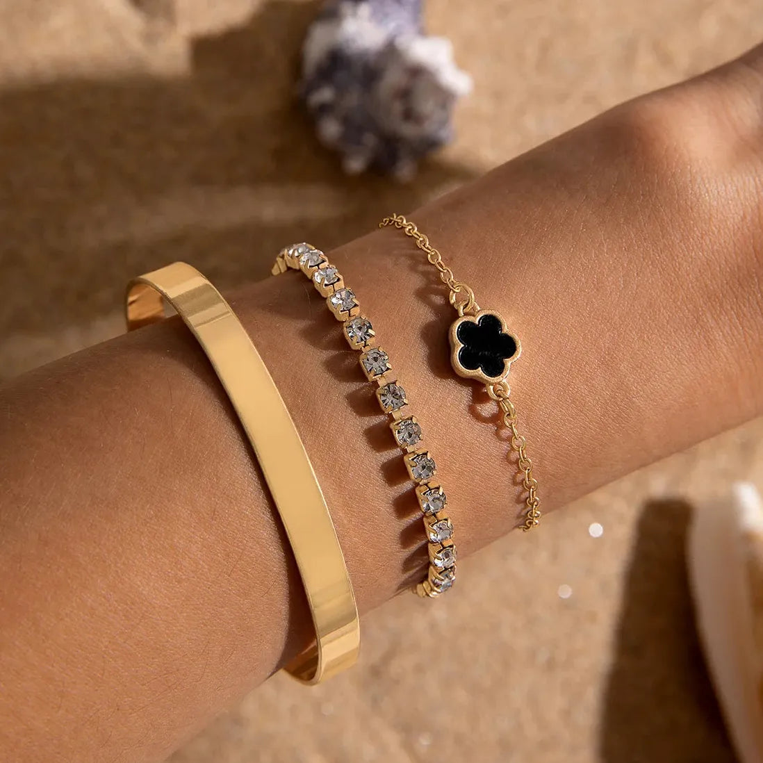 3Pcs Bohemia Minimalism Metal Rhinestone Chain Flower Bracelets for Women Gold
