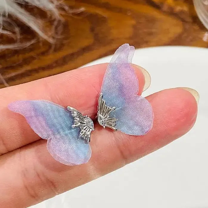 Blue Tulle Butterfly Clip-On Earrings for Women No Piercing Fashion Jewelry