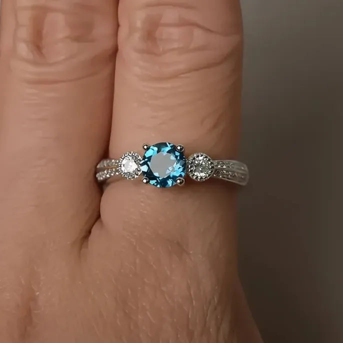 Women’s Luxury Brass Wedding Ring with Round Blue Cubic Zirconia