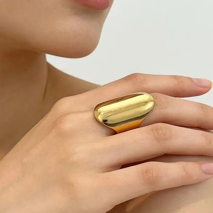 Adjustable Vintage Geometric Stainless Steel Wide Oval Ring for Women Gold Tone