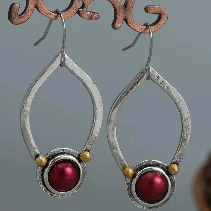Vintage Red Stone Oval Drop Earrings for Ladies Zinc Alloy Antique Jewelry