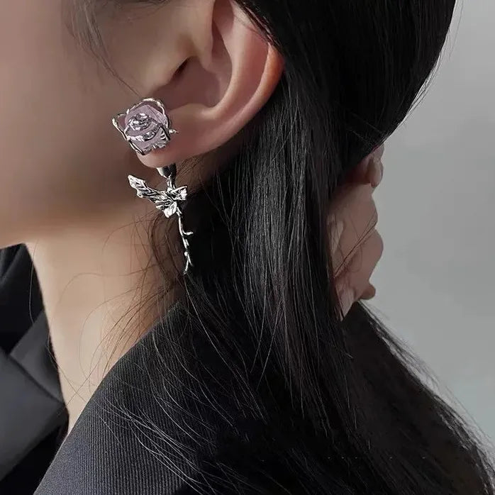 Copper Purple Crystal Rose Thorn Branch Stud Earrings for Women Vintage Jewelry