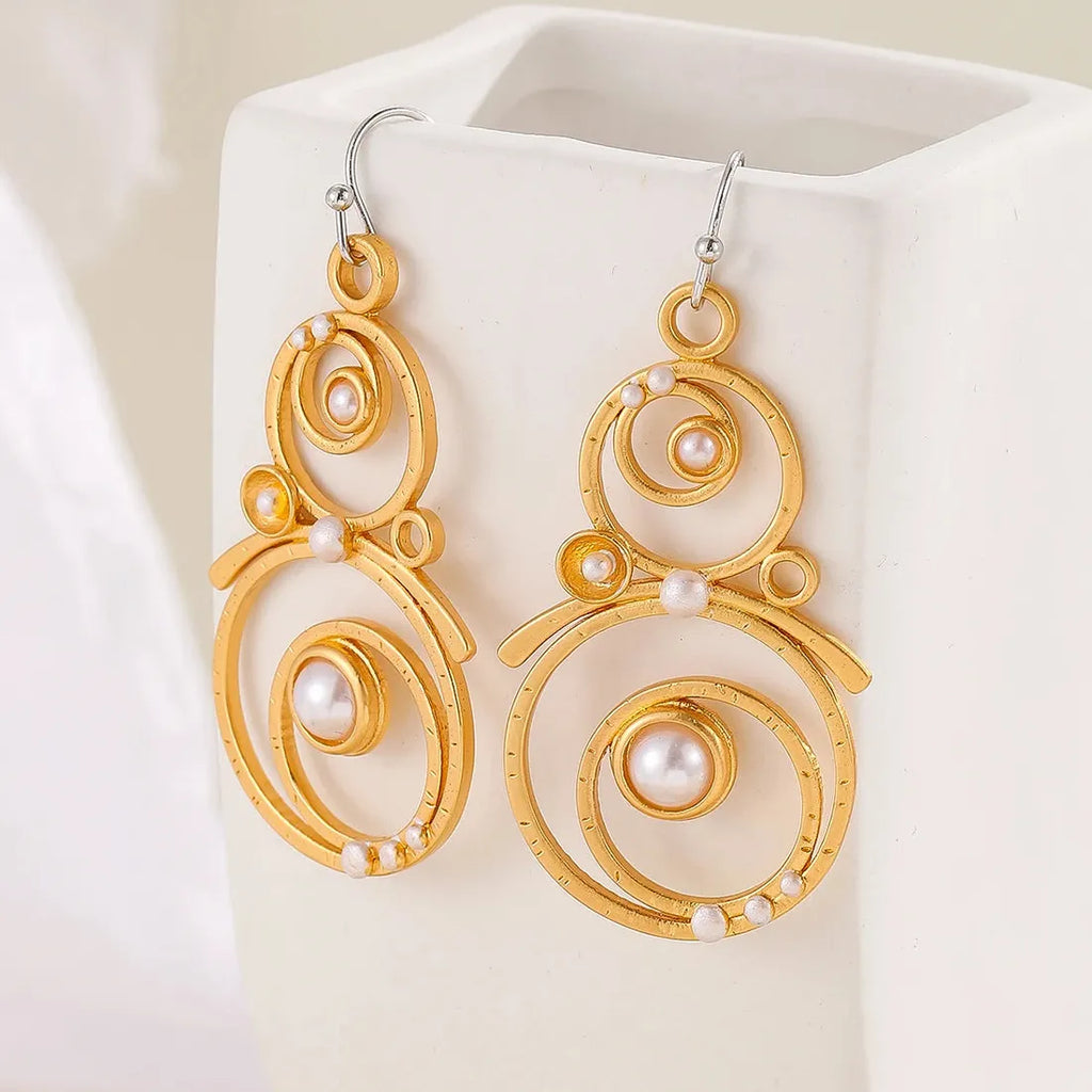 Handmade Bohemian Round Imitation Pearl Earrings Metal Carved Pendant Jewelry