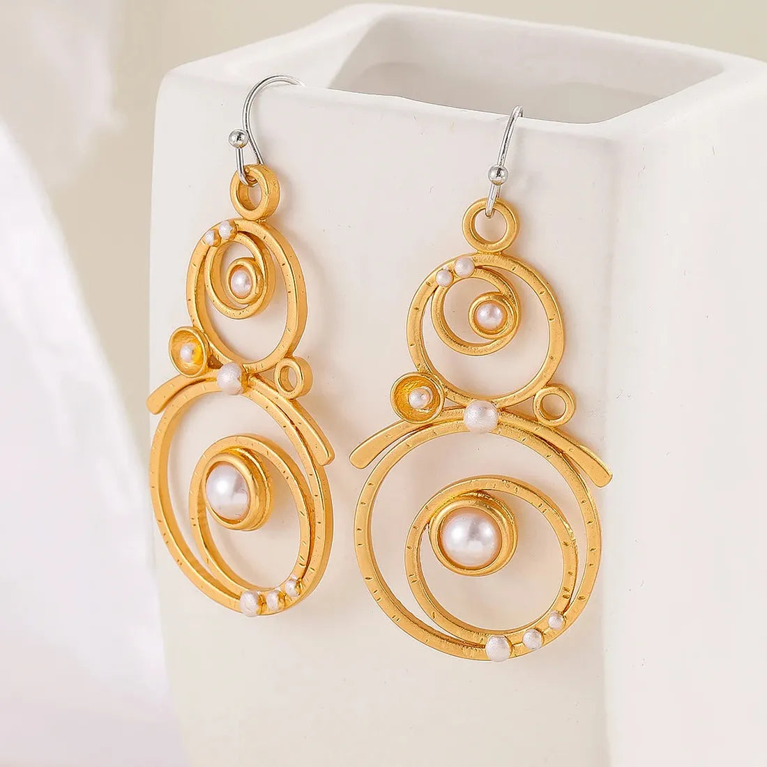 Handmade Bohemian Round Imitation Pearl Earrings Metal Carved Pendant Jewelry