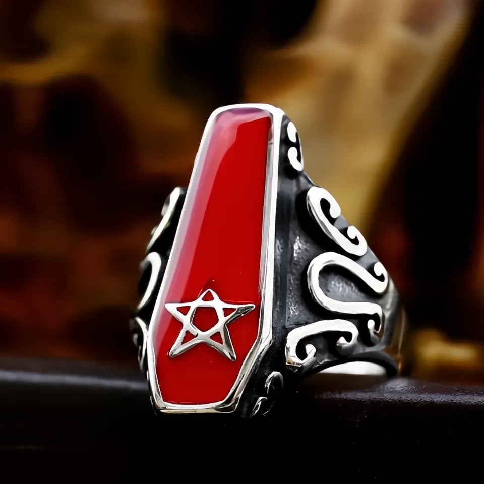 Gothic Vintage Stainless Steel Vampire Coffin Ring with Pentagram Star Unisex Jewelry