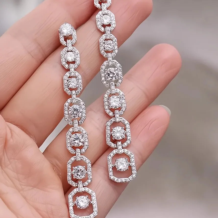 Silver Color Long Geometric Drop Earrings Copper Alloy CZ Wedding Fashion 2022