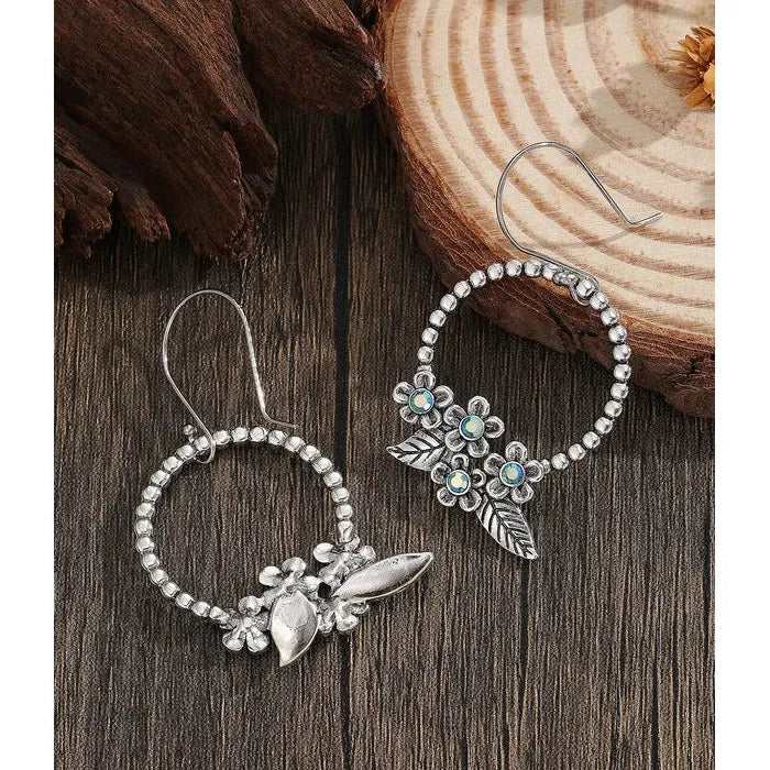 Vintage Zinc Alloy Carved Flower Drop Earrings with Colorful Gemstone Pendants for Women