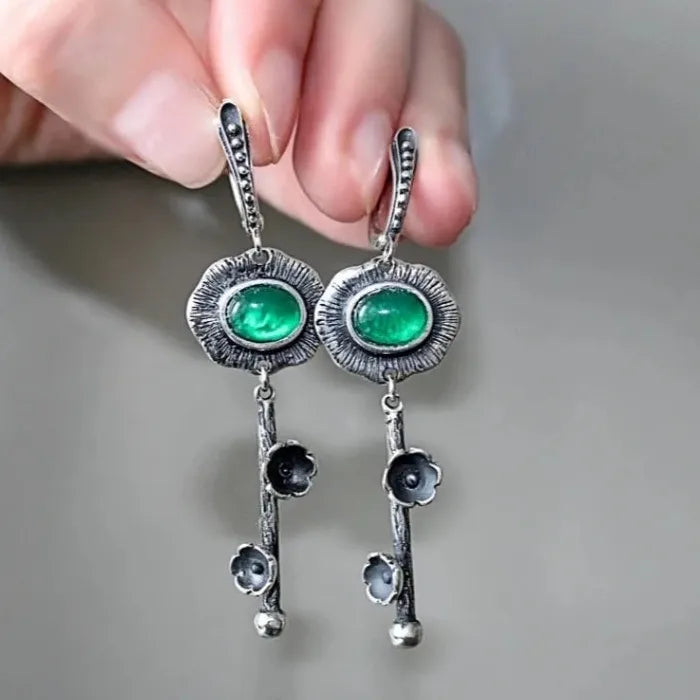 Vintage Zinc Alloy Craftsman Carved Flower Earrings with Green Gemstone Pendant for Women