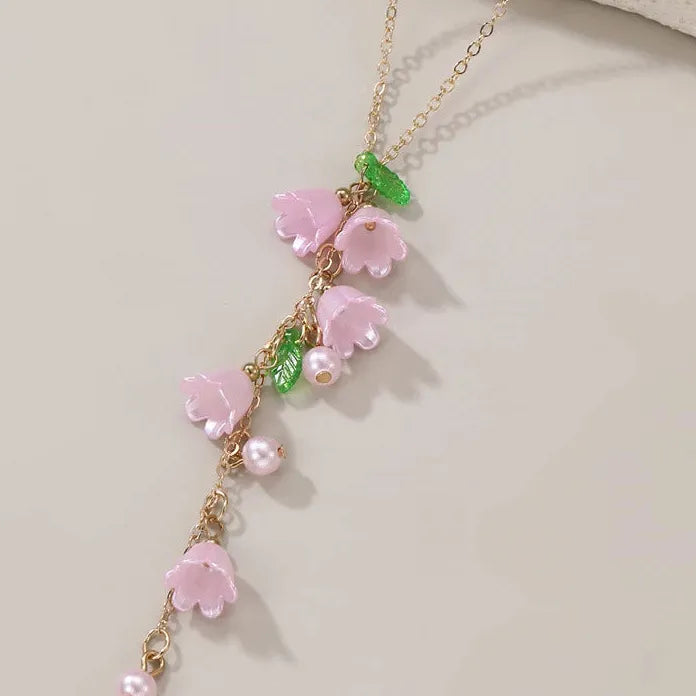 Tassel Valley Vintage Y-Shaped Lily Flower Pearl Pendant Necklace for Women