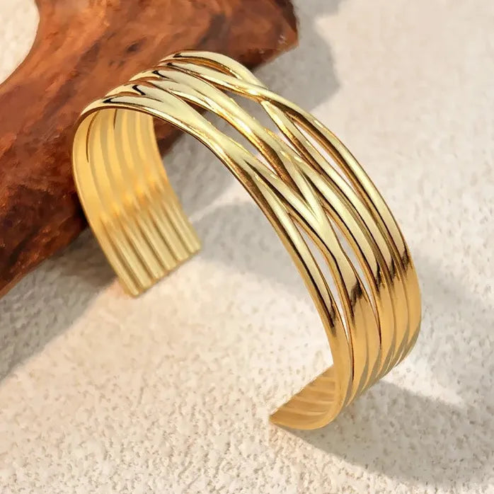 Stainless Steel Geometric Cuff Bracelet Open Bangle Minimalist Waterproof Jewelry