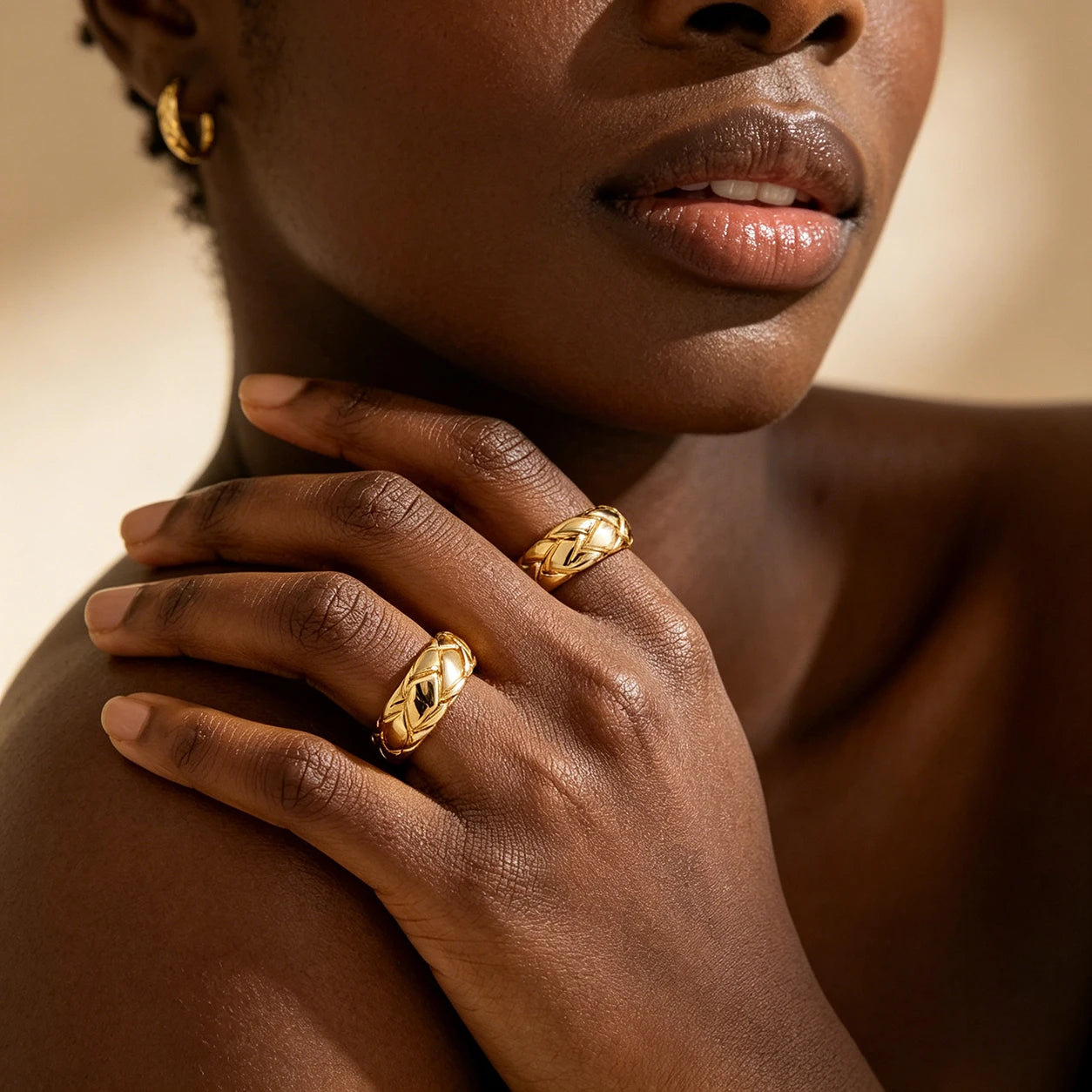 Gold Plated Quilted Dome Copper Ring Geometric Chunky Band for Women Gift