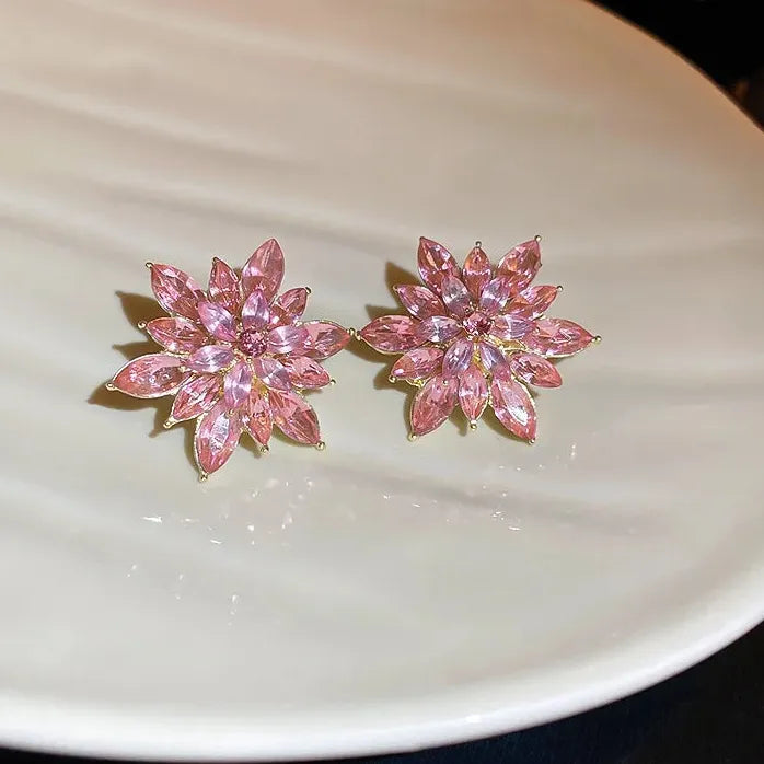 Luxury Crystal Flower Neo-Gothic Stud Earrings Stainless Steel Women Jewelry Gift
