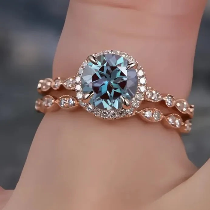 2Pcs Rose Gold Wedding Rings Set Thin Band Blue Cubic Zirconia Stones