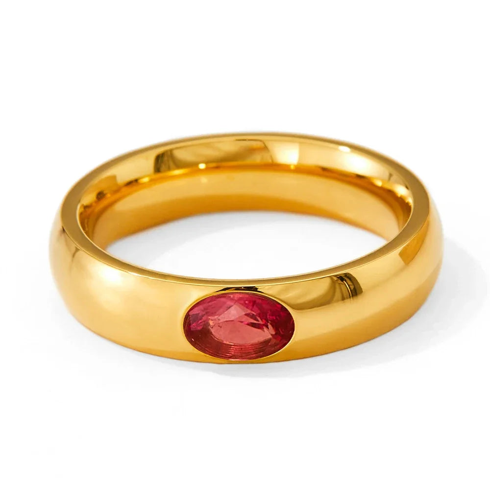 18K Gold Plated Stainless Steel Oval Zircon Crystal Wedding Ring for Women