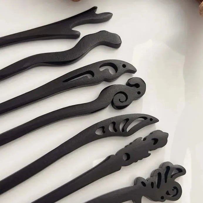 Carved Black Wooden Hair Sticks Traditional Chinese Hair Fork for Women