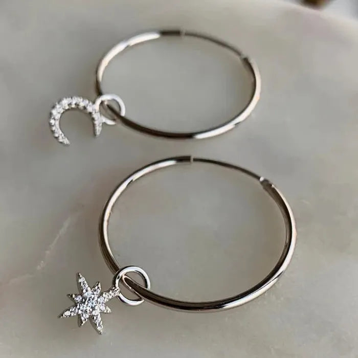 Silver Star Moon Asymmetric Circle Pendant Zinc Alloy Women's Earrings Party Jewelry