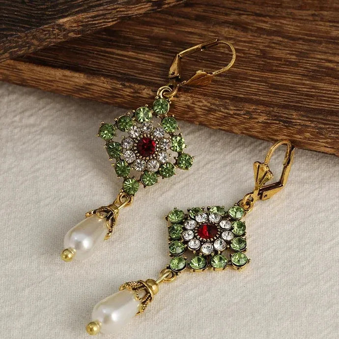 Gold Color Drop Earrings with White Red Green Stones & Imitation Pearls for Women