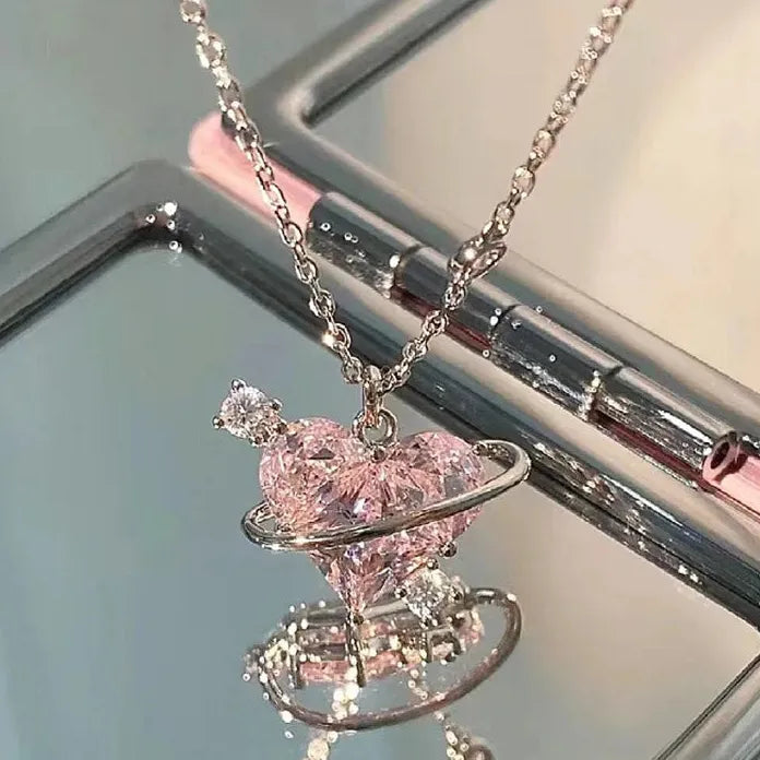 Y2K Pink Zircon Heart Pendant Necklace for Women Zinc Alloy Gift
