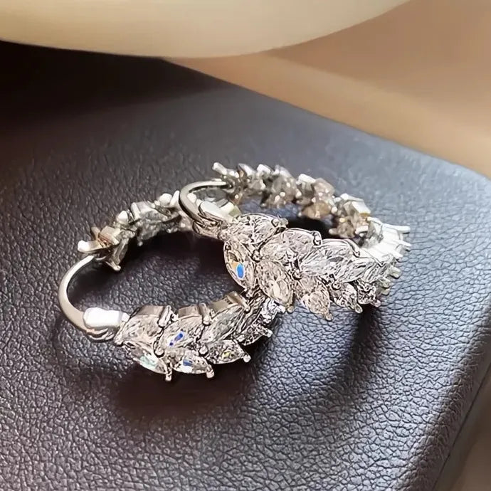 Geometric Hoop Earrings with Leaf Cubic Zirconia Copper Alloy for Women
