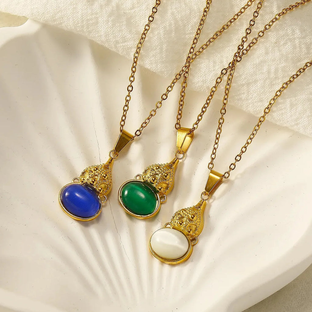 2026 Green Glass Lucky Gourd Pendant Necklace Stainless Steel Opal Choker Jewelry