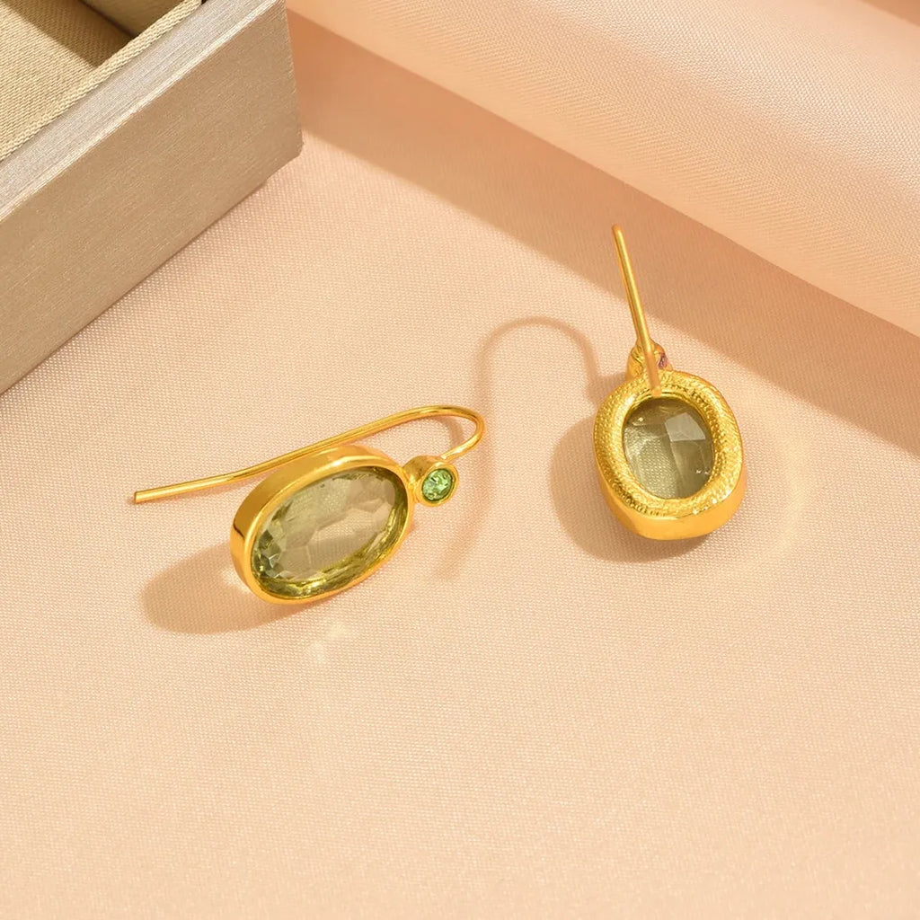 Creative Gold Oval Green Stone Drop Earrings for Women Zinc Alloy Jewelry Gift