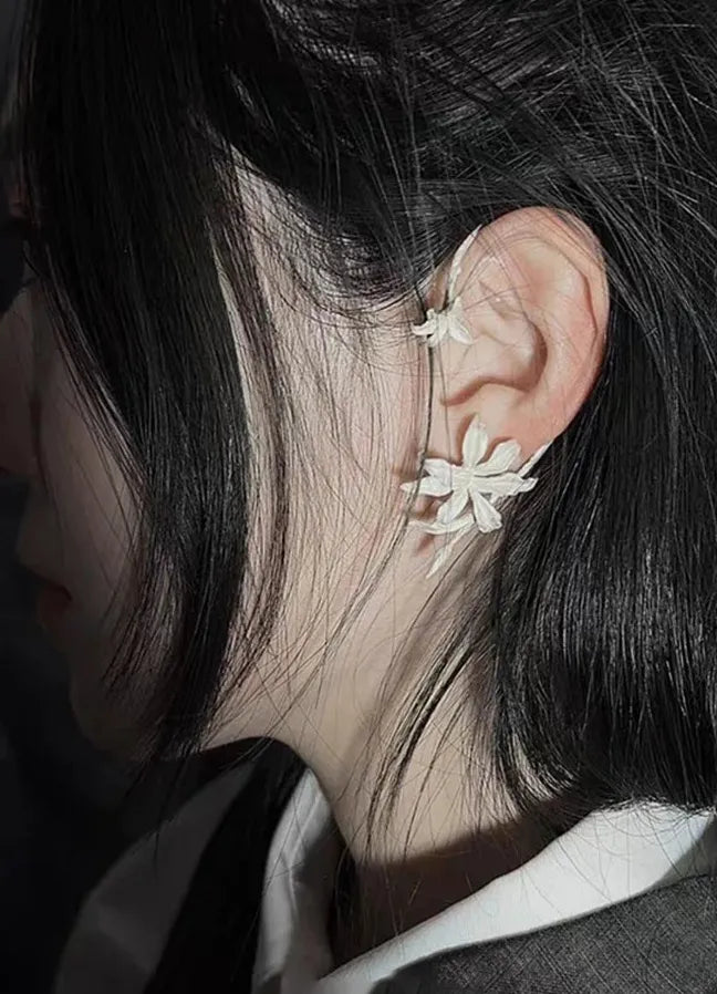 Vintage White Lily Copper Earrings Retro Plant Studs Jewelry Gift for Women