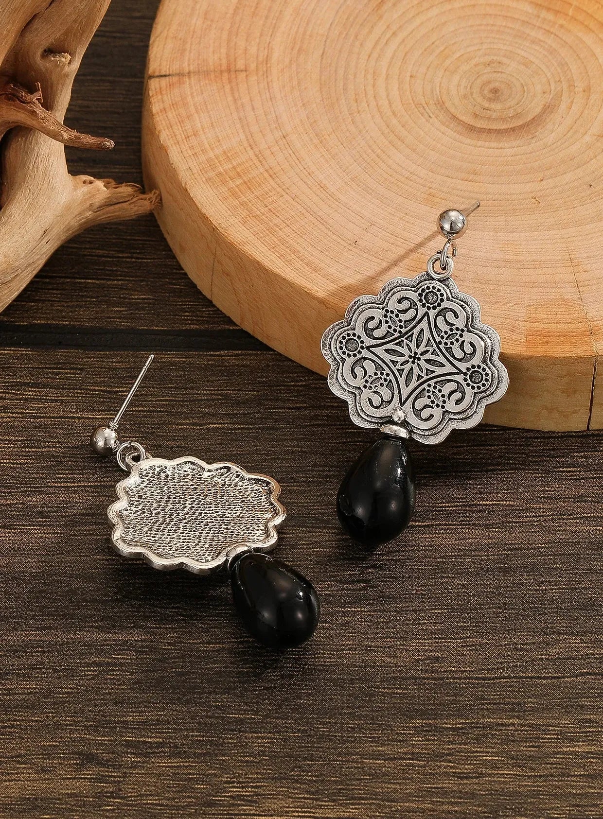 Ethnic Vintage Colorful Round Stone Hoop Hollow Dangle Zinc Alloy Earrings
