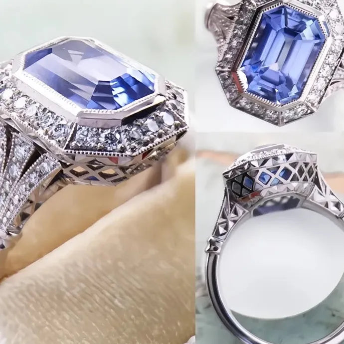 Geometric Blue Cubic Zirconia Brass Engagement Wedding Ring for Women