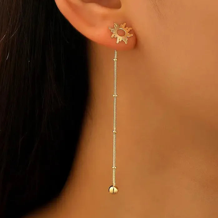 Retro Small Sunflower Copper Tassel Drop Earrings for Women Ethnic Jewelry