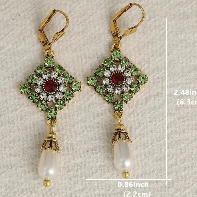 Gold Color Drop Earrings with White Red Green Stones & Imitation Pearls for Women