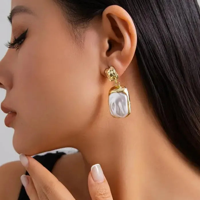 Vintage Gold Square Pleated Drop Earrings Featuring Simulated Pearl for Women
