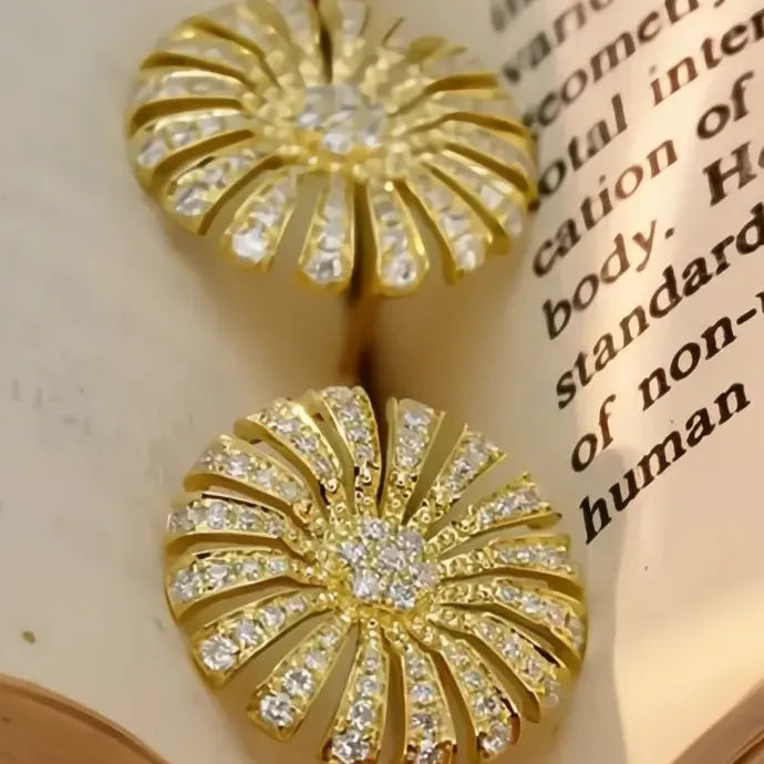 Gold Color Flower Plant Stud Earrings with Bright CZ Cubic Zirconia for Party Engagement