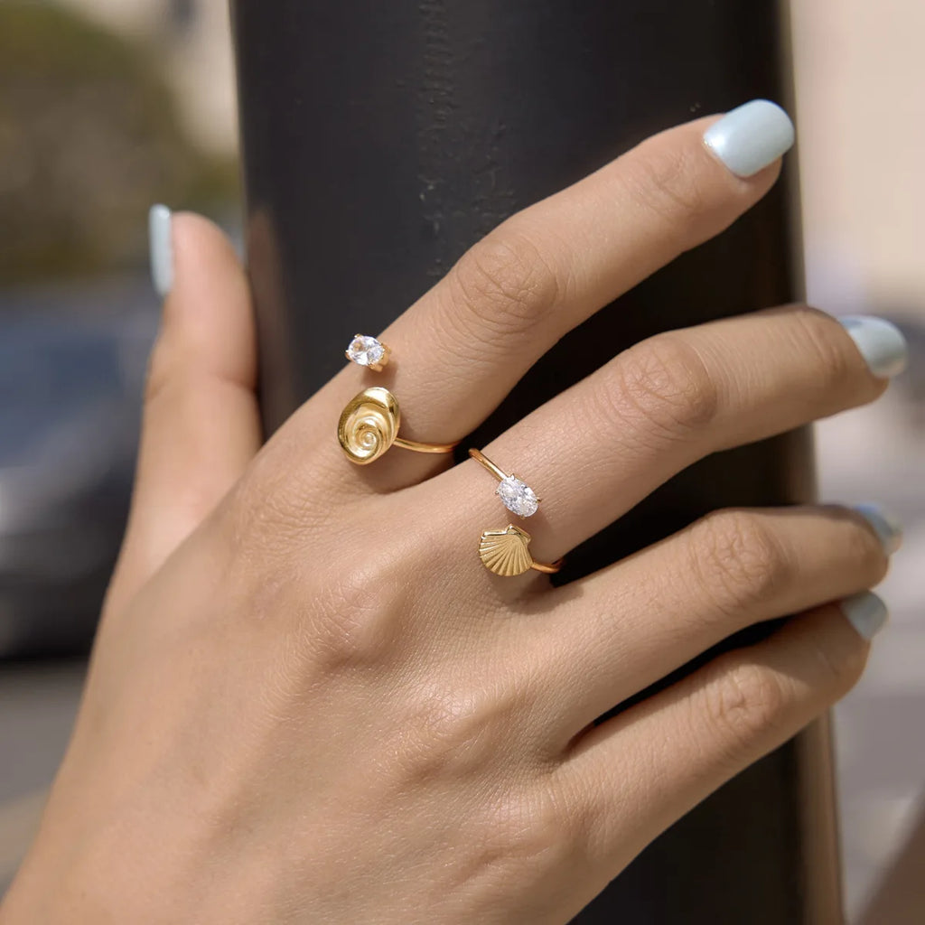 18K Gold Plated Stainless Steel Seashell Scallop Ring Adjustable Zircon Wedding Jewelry