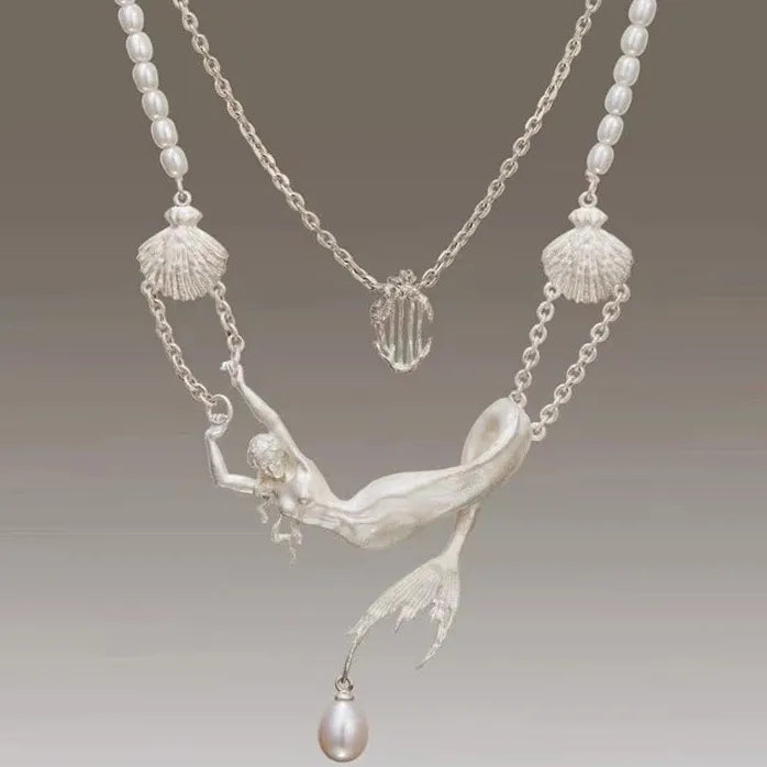 Women's Copper Mermaid Pendant Necklace Featuring Double Chains & Freshwater Pearl Drop