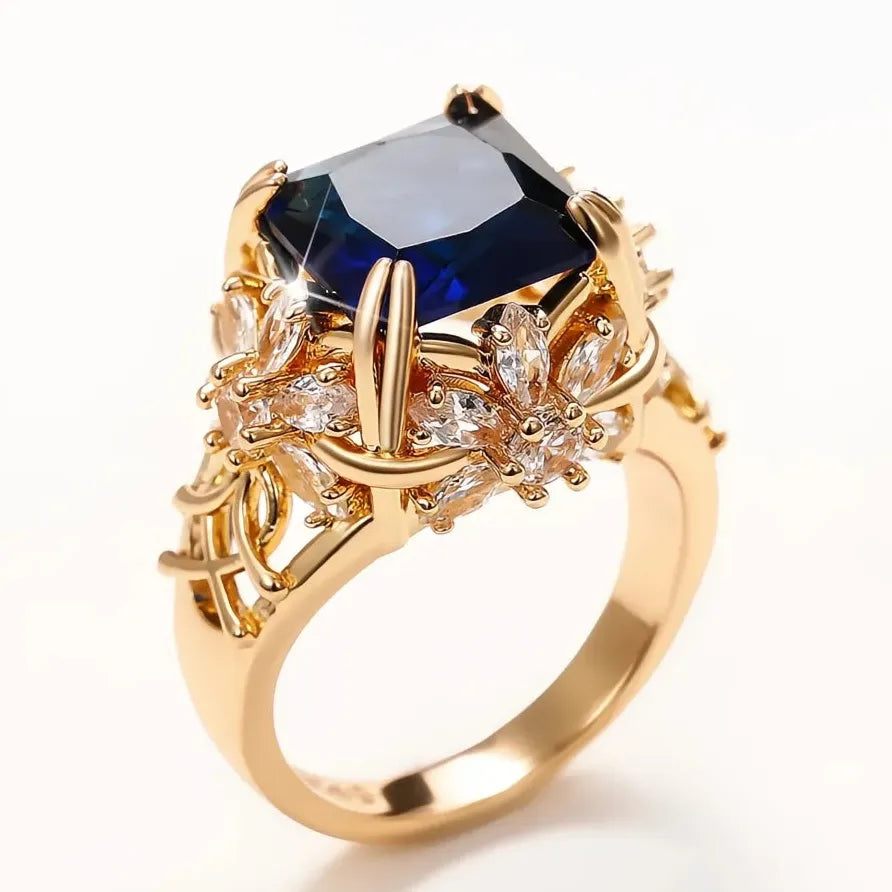 Dark Blue CZ Geometric Flower Ring for Women Elegant Jewelry Accessory