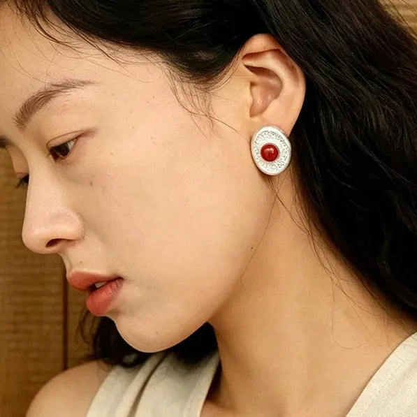 Copper Round Stud Earrings for Women Handcrafted Vintage Textured Jewelry Gift
