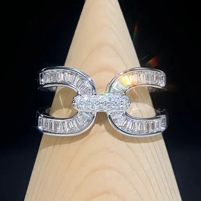 Adjustable Women's Cross Finger Ring Silver Tone Cubic Zirconia Wedding Band
