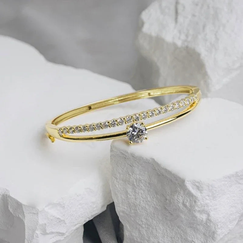 Geometric Double Line Bangle Bracelet with Cubic Zirconia for Women