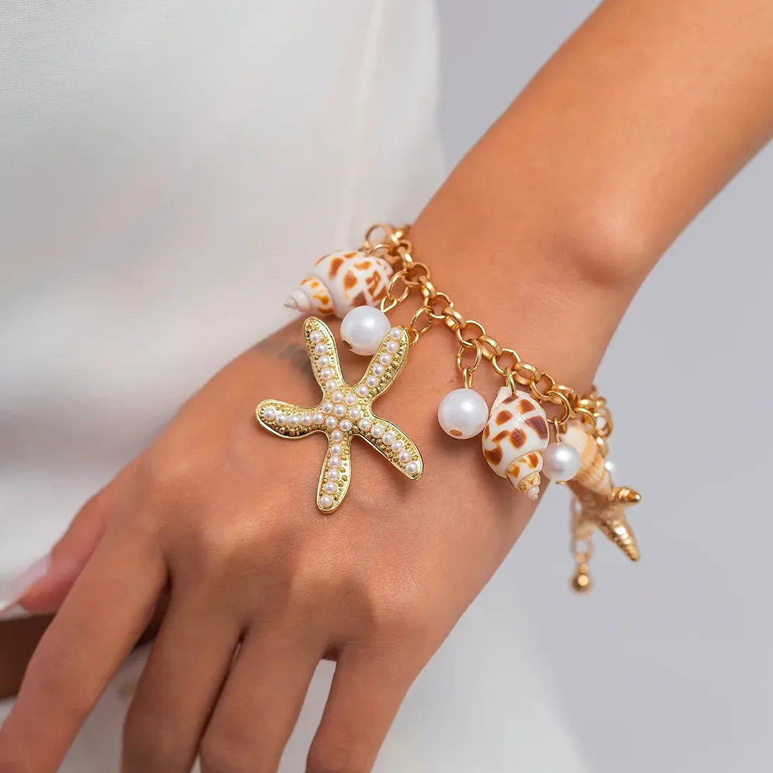 Handmade 18k Gold Plated Starfish Shell Pearl Bracelet Boho Beach Jewelry Charm