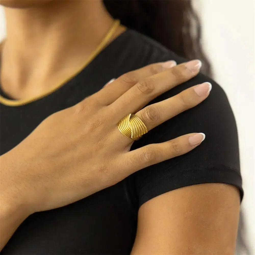 18k Gold Plated Knot Ring Women’s Stainless Steel Textured Waterproof Jewelry
