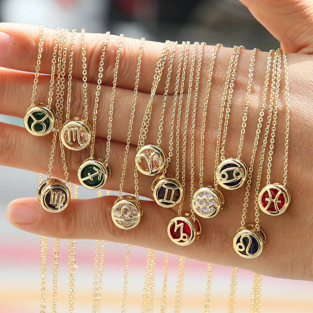Stainless Steel 12 Constellation Crystal Pendant Necklace Women Birthstone Choker Waterproof Hollow Circle Jewelry