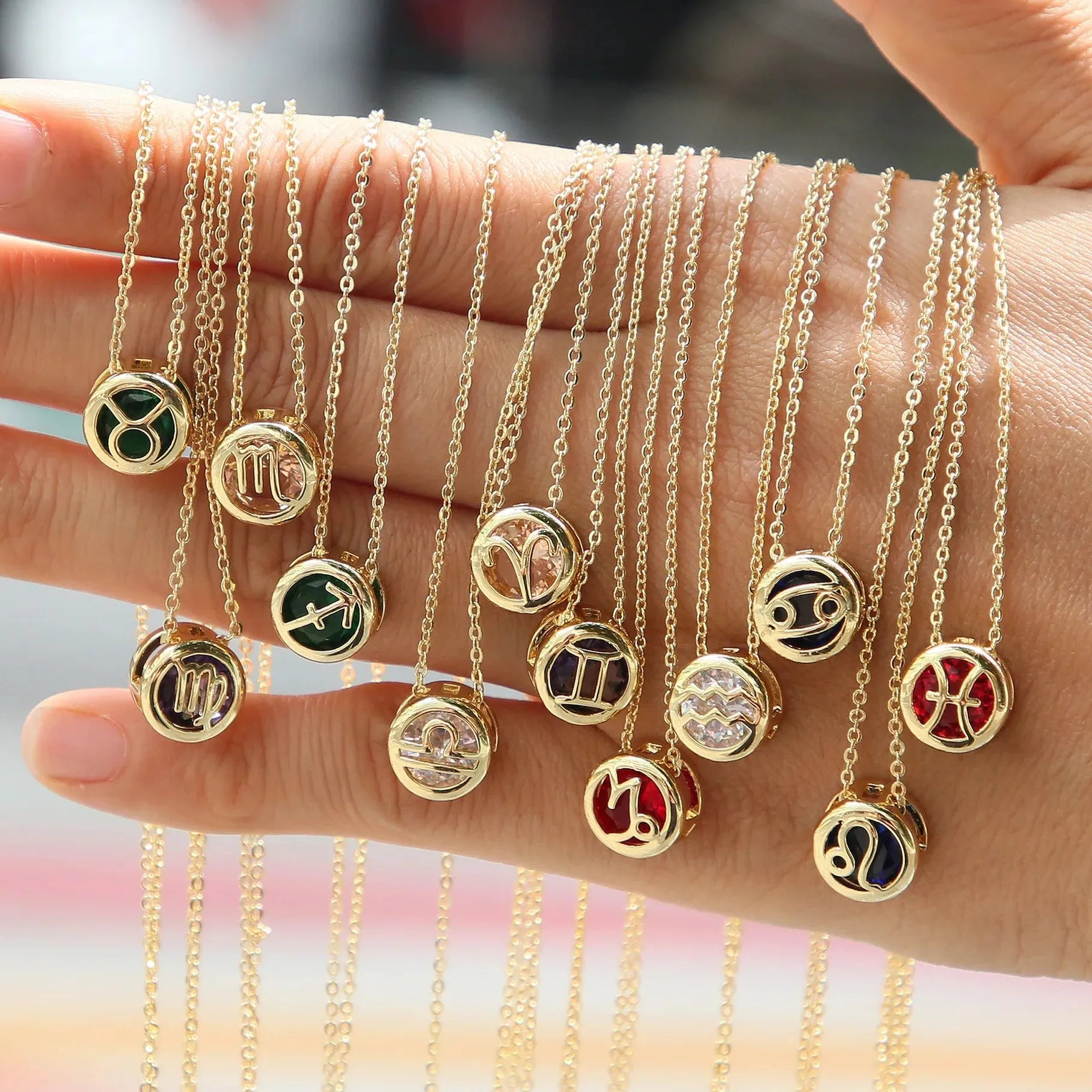 Stainless Steel 12 Constellation Crystal Pendant Necklace Women Birthstone Choker Waterproof Hollow Circle Jewelry