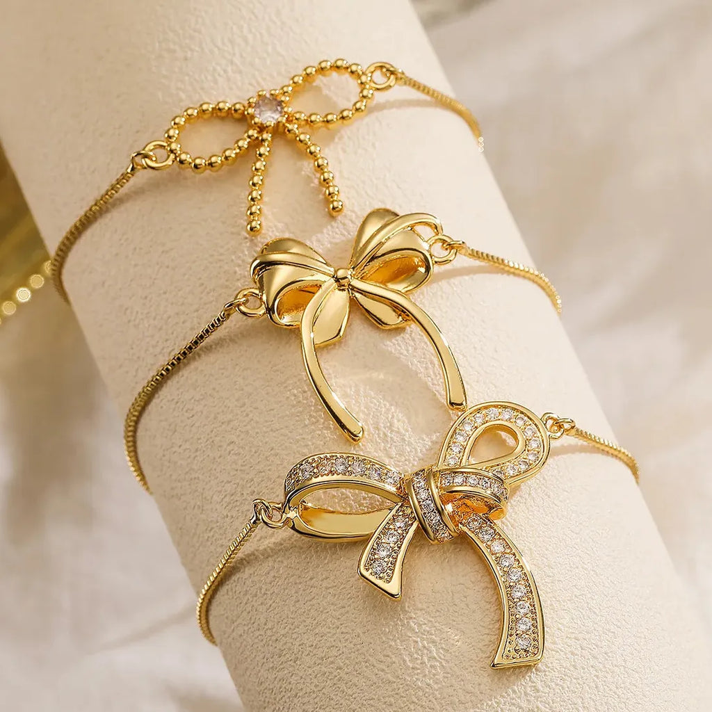 Adjustable Stainless Steel CZ Zircon Bowknot Bracelet for Women Girls Gift Jewelry
